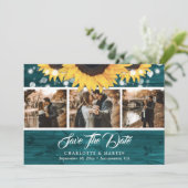 Aquamarine Sonnenblume Rustikales Holz Hochzeit 3  Save The Date (Stehend Vorderseite)