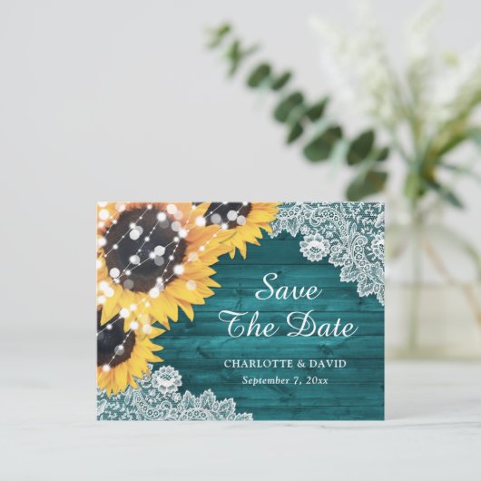 Aquamarine Sonnenblumen-Grüne Hochzeit retten das Ankündigungspostkarte (Stehend Vorderseite)