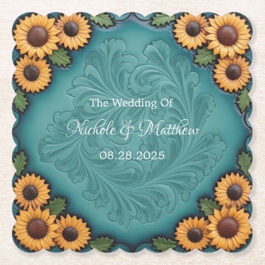 Aquamarine Sonnenblumen-Hochzeit mit geschliffenem Untersetzer (Vorderseite)