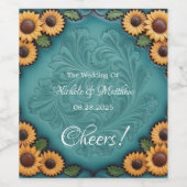 Aquamarine Sonnenblumen-Hochzeit mit geschliffenem Weinetikett (Einzelnes Label)