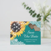 Aquamarine Sonnenblumenhochzeit Das Datum der Post Ankündigungspostkarte (Stehend Vorderseite)