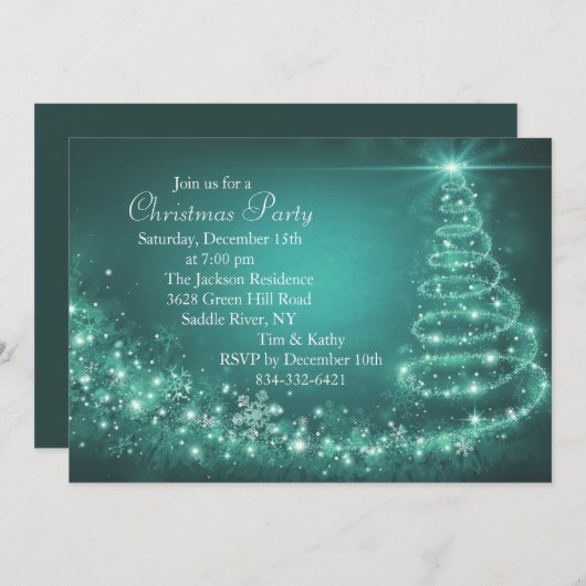 Aquamarine Sparkle Weihnachtsbaum Party Einladung (Vorne/Hinten)