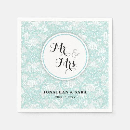 Aquamarine Spitze, Herr u. Frau Personalized Serviette (Vorderseite)