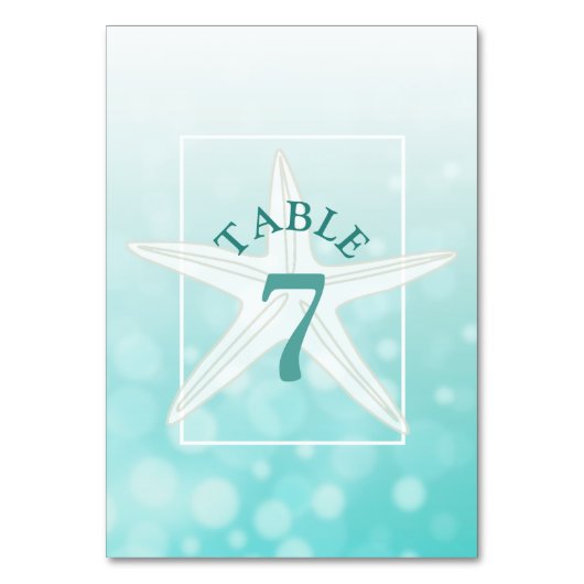 Aquamarine Starfish Beach Wedding Tischnummer Card (Vorderseite)