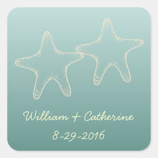 Aquamarine Starfish Hochzeitsticker Quadratischer Aufkleber (Vorderseite)