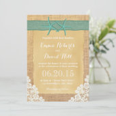 Aquamarine Starfish Lace & Burlap Hochzeit Einladung (Stehend Vorderseite)