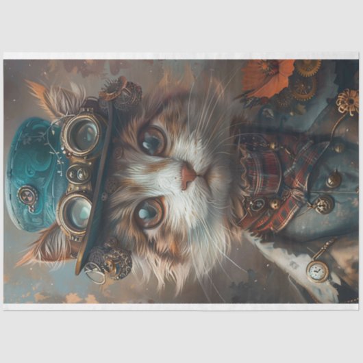 Aquamarine Steampunk-Katze mit Aquamariner Hat-Dec Seidenpapier (Vorderseite)