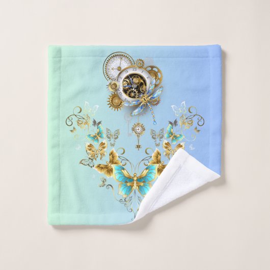 Aquamarine Steampunkgrafik, mechanische Stabilität Badhandtuch Set (Waschlappen)