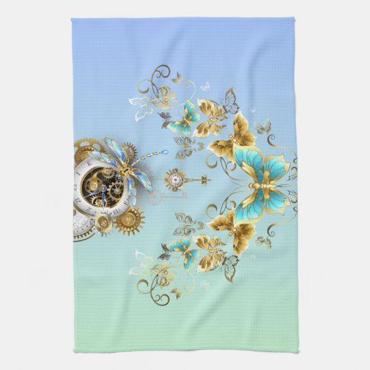 Aquamarine Steampunkkunst, Vintage Mechanik Geschirrtuch (Vertikal)