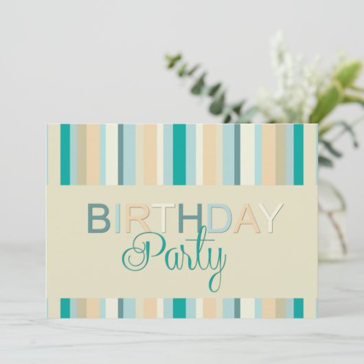 Aquamarine Streifen Geburtstagsparty Einladung (Stehend Vorderseite)