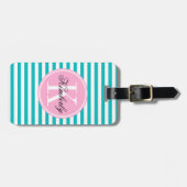 Aquamarine Streifen mit Bubblegum rosa Monogramm Gepäckanhänger (Vorderseite horizontal)