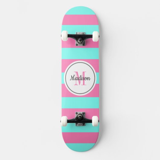 Aquamarine Streifen Monogramm Personalisiert Skateboard (Vorderseite)