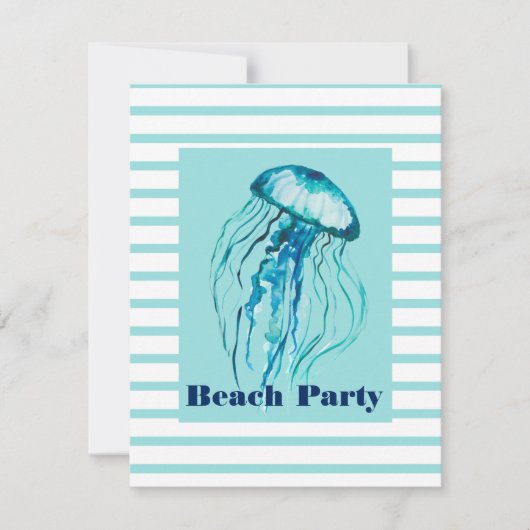 Aquamarine Streifen Wasserfarbe Quallen Beach Part Einladung (Vorderseite)