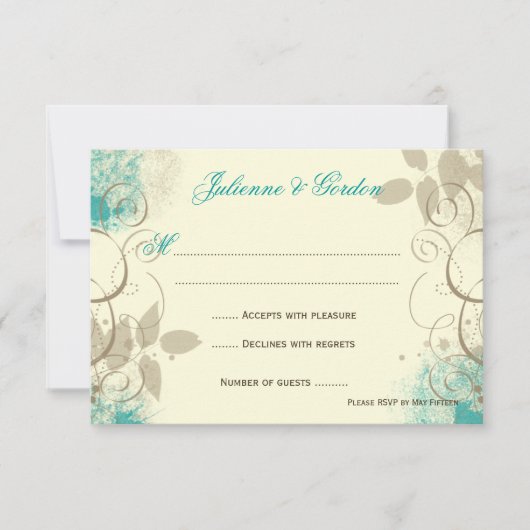 Aquamarine Tan Grunge Wirbel Blätter Antwortkarten RSVP Karte (Vorderseite)