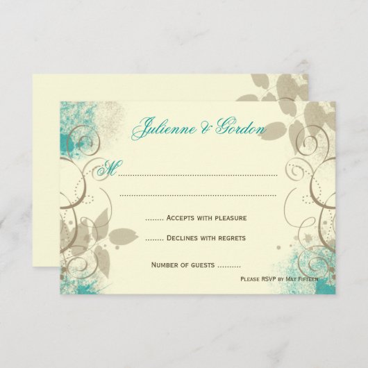 Aquamarine Tan Grunge Wirbel Blätter Antwortkarten RSVP Karte (Vorne/Hinten)
