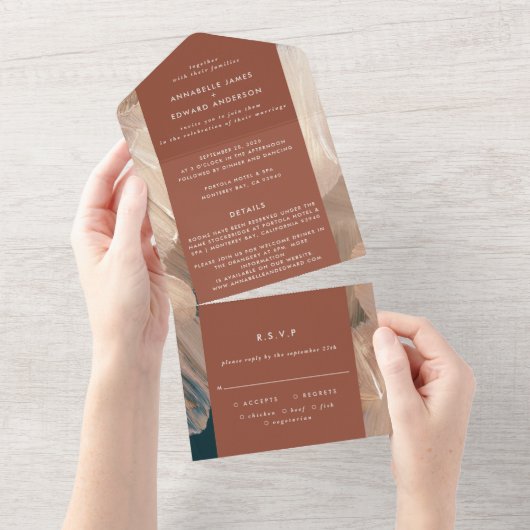 Aquamarine Terracotta abstrakte uAwg Hochzeit All In One Einladung (Abreißen)