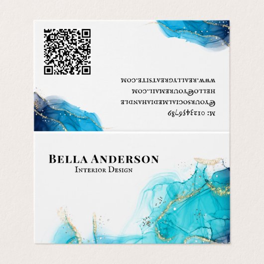 Aquamarine Tinte Minimalistischer QR-Code geklappt Visitenkarten (Außenseite Aufgefaltet)