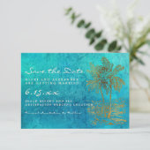 Aquamarine Tropenpalme Rette unsere Hochzeit Save The Date (Stehend Vorderseite)