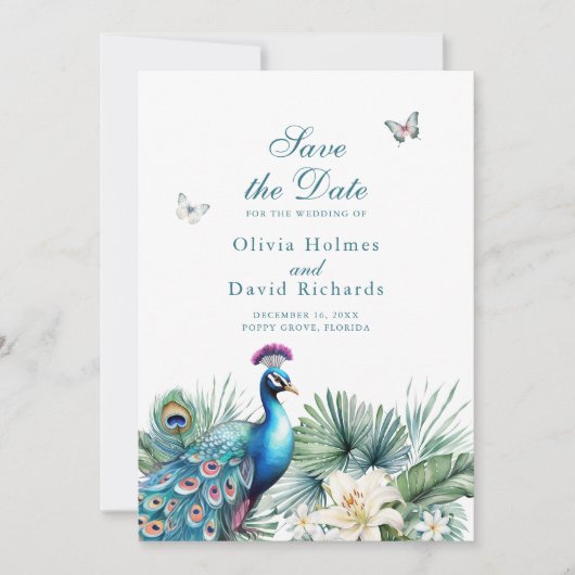 Aquamarine Tropenpfauenhochzeit Sichern Sie die Da Save The Date (Vorderseite)