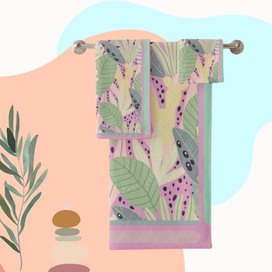 Aquamarine tropische Blätter, grün, rosa, Strandfa Badhandtuch Set