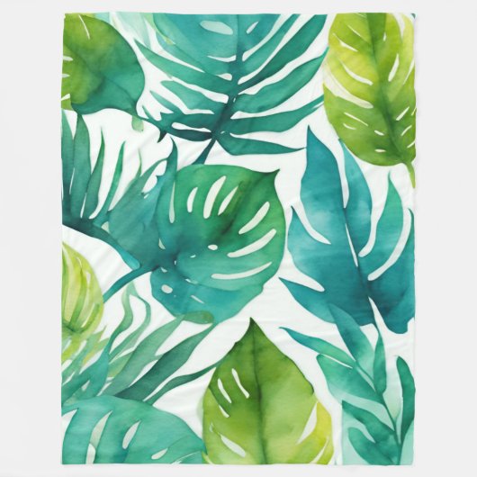 Aquamarine tropische Blätter in Grün Fleecedecke (Vorderseite)