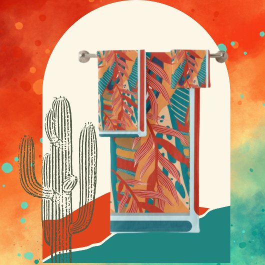 Aquamarine tropische Blätter, Rot, Orange & Beachy Badhandtuch Set