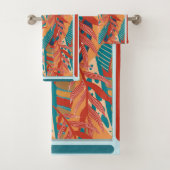 Aquamarine tropische Blätter, Rot, Orange & Beachy Badhandtuch Set (Insitu)