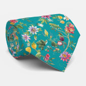 Aquamarine tropische Blume, Obst und Vögel Krawatte (Gerollt)