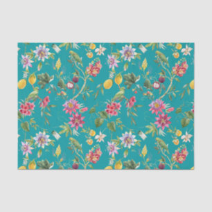 Aquamarine tropische Blume, Obst und Vögel Seidenpapier