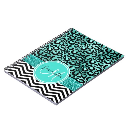 Aquamarine türkise Imitate Glitzer Leopard Print M Notizblock (Linke Seite)