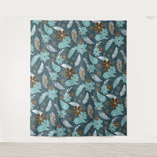 aquamarine türkisfarbene Federn doodlen Blume boho Wandteppich (Vorderseite)