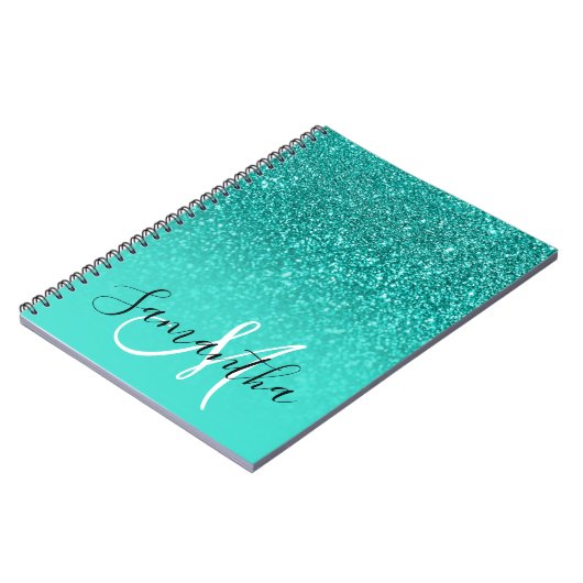 Aquamarine türkisfarbene Imitate Glitzern Ombre Mo Notizblock (Linke Seite)