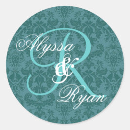 Aquamarine und Aqua Damask Wedding Custom Monogram Runder Aufkleber