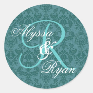 Aquamarine und Aqua Damask Wedding Custom Monogram Runder Aufkleber