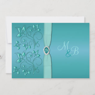Aquamarine und Aqua Floral Mit Monogramm Einladung