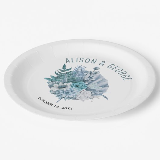 Aquamarine und aquablaue Blumen, Hochzeit mit Palm Pappteller (Schrägansicht)