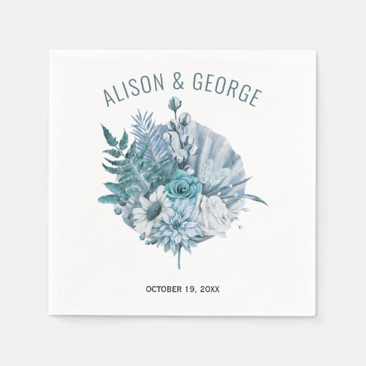 Aquamarine und aquablaue Blumen, Hochzeit mit Palm Serviette (Vorderseite)
