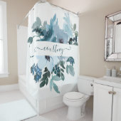 Aquamarine und blaue Aquarellblumen personalisiert Duschvorhang (Beispiel)