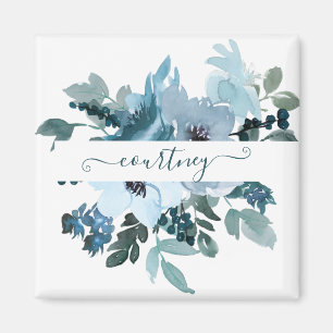 Aquamarine und blaue Aquarellblumen personalisiert Magnet
