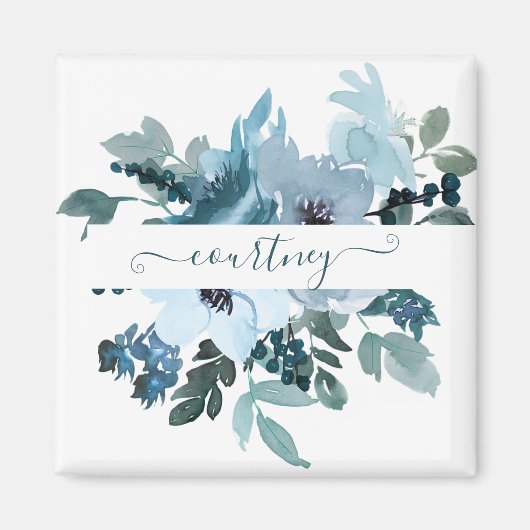 Aquamarine und blaue Aquarellblumen personalisiert Magnet (Vorne)