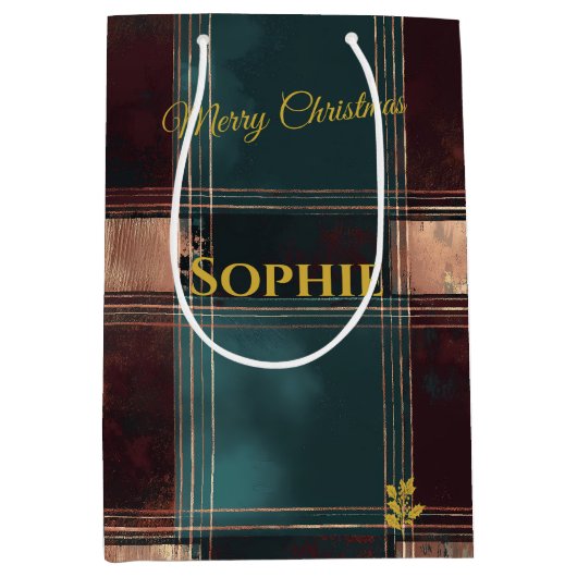 Aquamarine und Burgund Metallische Karierte Weihna Mittlere Geschenktüte (Vorderseite)