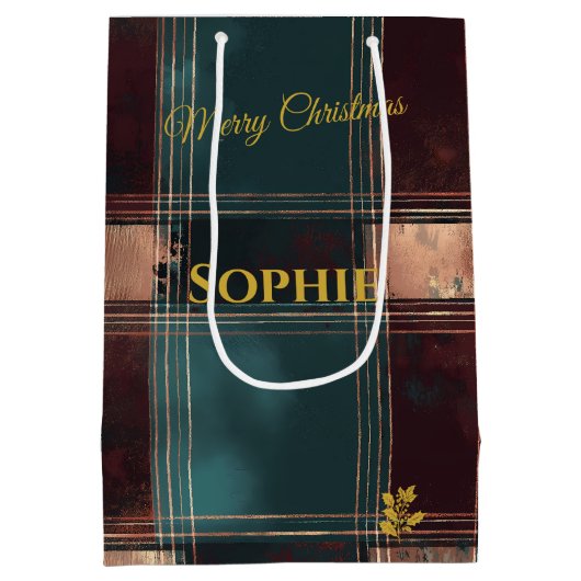 Aquamarine und Burgund Metallische Karierte Weihna Mittlere Geschenktüte (Rückseite)
