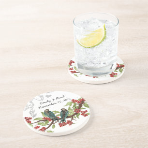 Aquamarine und Burgund Vintage Liebesvögel Unterse Sandstein Untersetzer