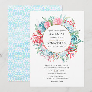 Aquamarine und Coral Summer Beach Hochzeit Einladung