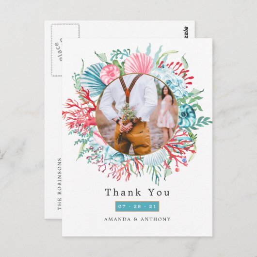 Aquamarine und Coral Summer Beach Hochzeit Postkar Postkarte (Vorne/Hinten)