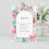 Aquamarine und Coral Summer Beach Hochzeit RSVP Karte (Stehend Vorderseite)