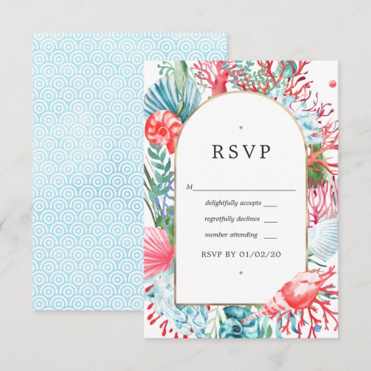Aquamarine und Coral Summer Beach Hochzeit RSVP Karte (Vorne/Hinten)