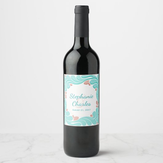 Aquamarine und Coral Wedding Wine Label Weinetikett (Vorderseite)