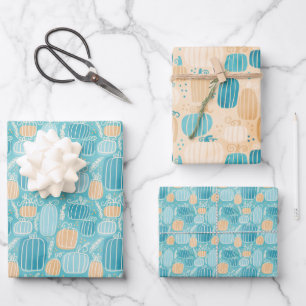 Aquamarine und Creme Fall Pumpkins Geschenkpapier Set