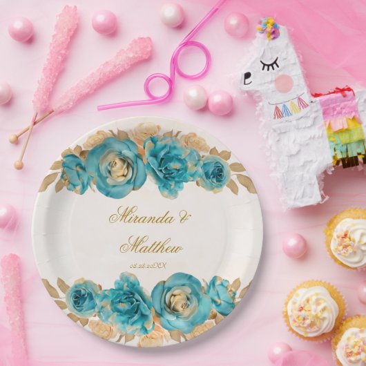 Aquamarine und cremefarbene Florals Wedding P Pappteller (Party)